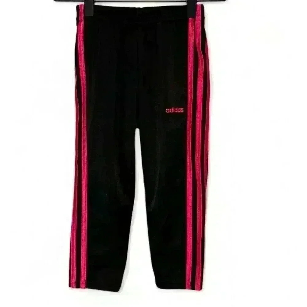 Adidas Girls Track Pants Black Elastic Waistband Stripes Logo-Size 4
